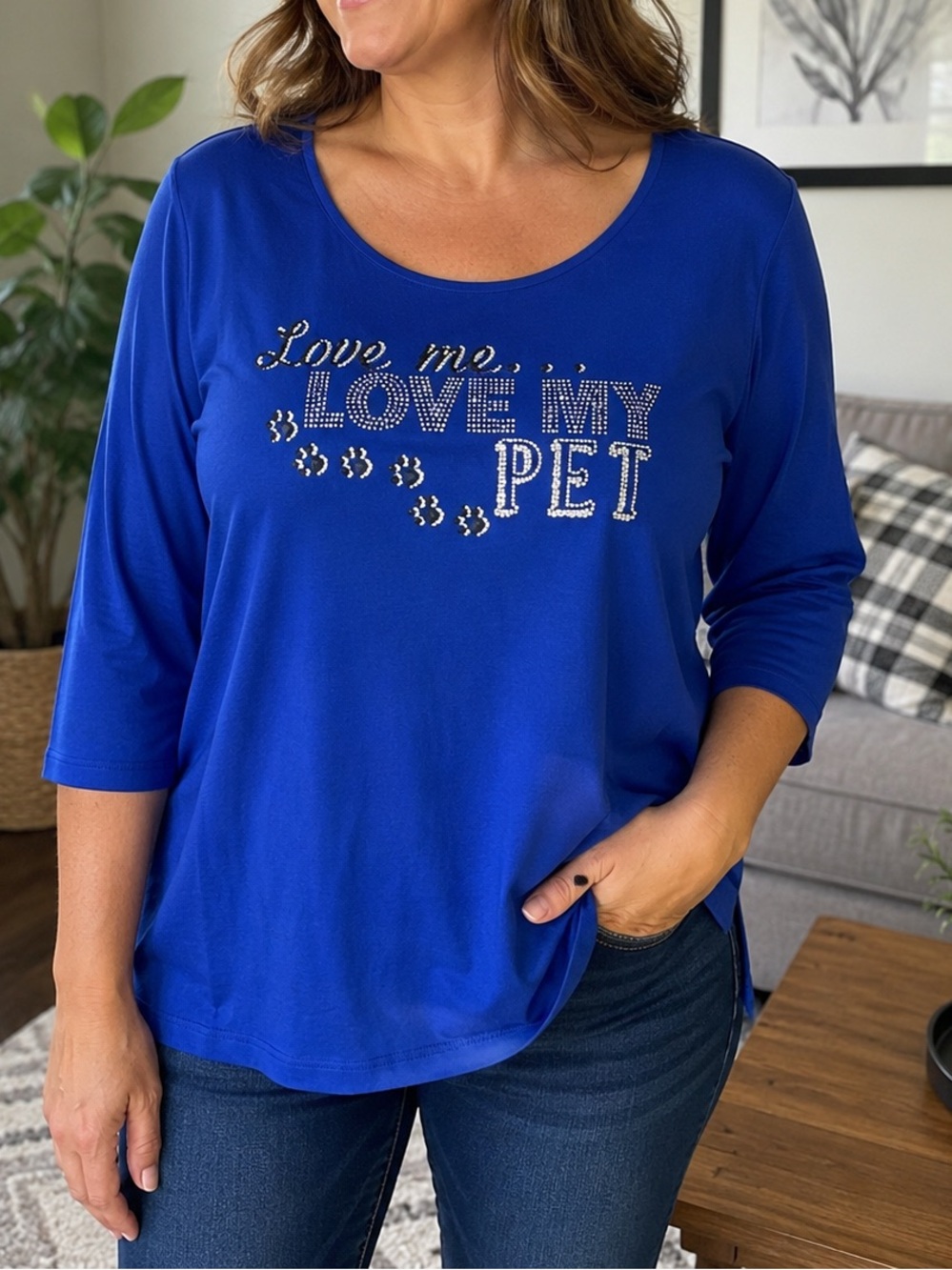 Karen Scott Love My Pet Sequined Top Blue 3/4 Sleeve XL